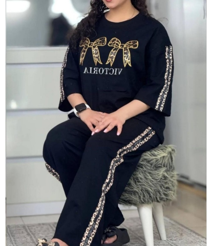ست تیشرت شلوارپاپیون پلنگی پنبه مشکی
